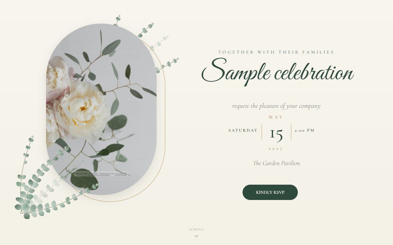 A wedding RSVP website made with SimplyRSVP: eucalyptus watercolours, a framed garden portrait and script lettering, with the date and an RSVP button