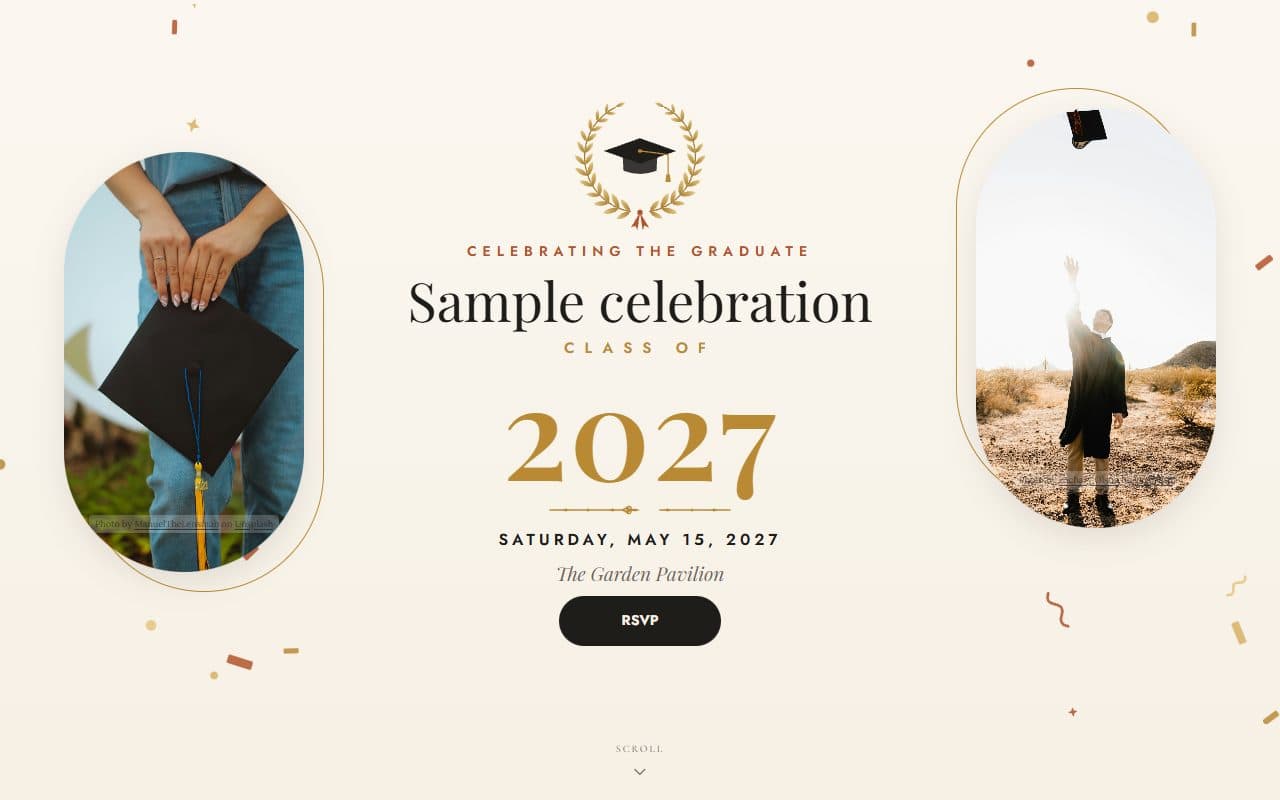 Golden milestone, a graduation RSVP website template: A gilded laurel crest, a statement class year and sunlit photography to celebrate a graduate in style.