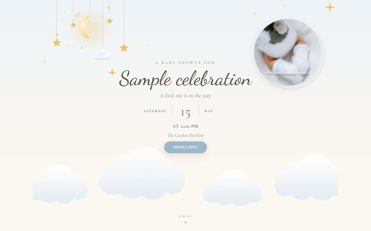 Little beginnings, a baby shower RSVP website template: A watercolour nursery mobile, drifting clouds and twinkling stars in soft powder blue and blush.