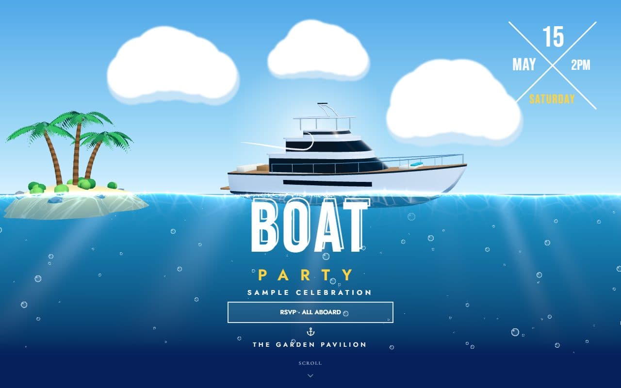 Yacht party, a 3d/interactive RSVP website template: A 3D yacht rocking on the waterline of a boat-party poster beside a palm island swaying in the wind, with waves that follow the pointer, foam, spray, caustic light and rising bubbles.